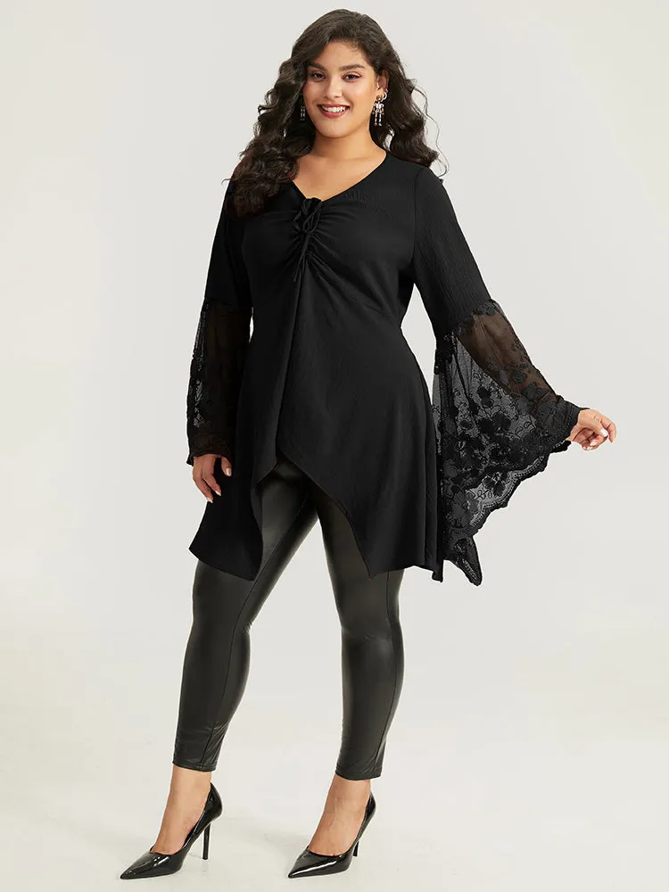 Halloween Solid Mesh Bell Sleeve Ruched Bowknot Blouse sold by Bloomchic product image thumbnail 3