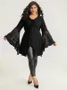 Halloween Solid Mesh Bell Sleeve Ruched Bowknot Blouse sold by Bloomchic