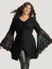 Halloween Solid Mesh Bell Sleeve Ruched Bowknot Blouse sold by Bloomchic