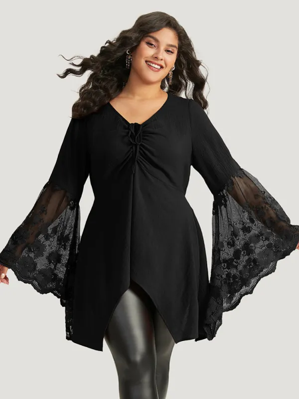 Halloween Solid Mesh Bell Sleeve Ruched Bowknot Blouse sold by Bloomchic