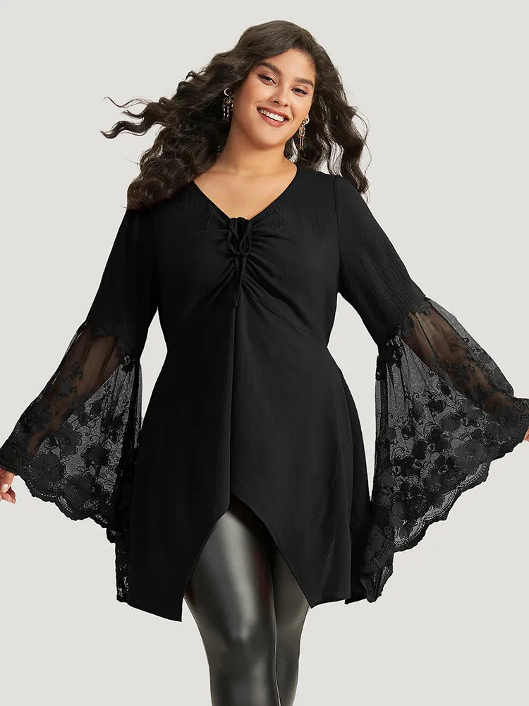 Halloween Solid Mesh Bell Sleeve Ruched Bowknot Blouse sold by Bloomchic