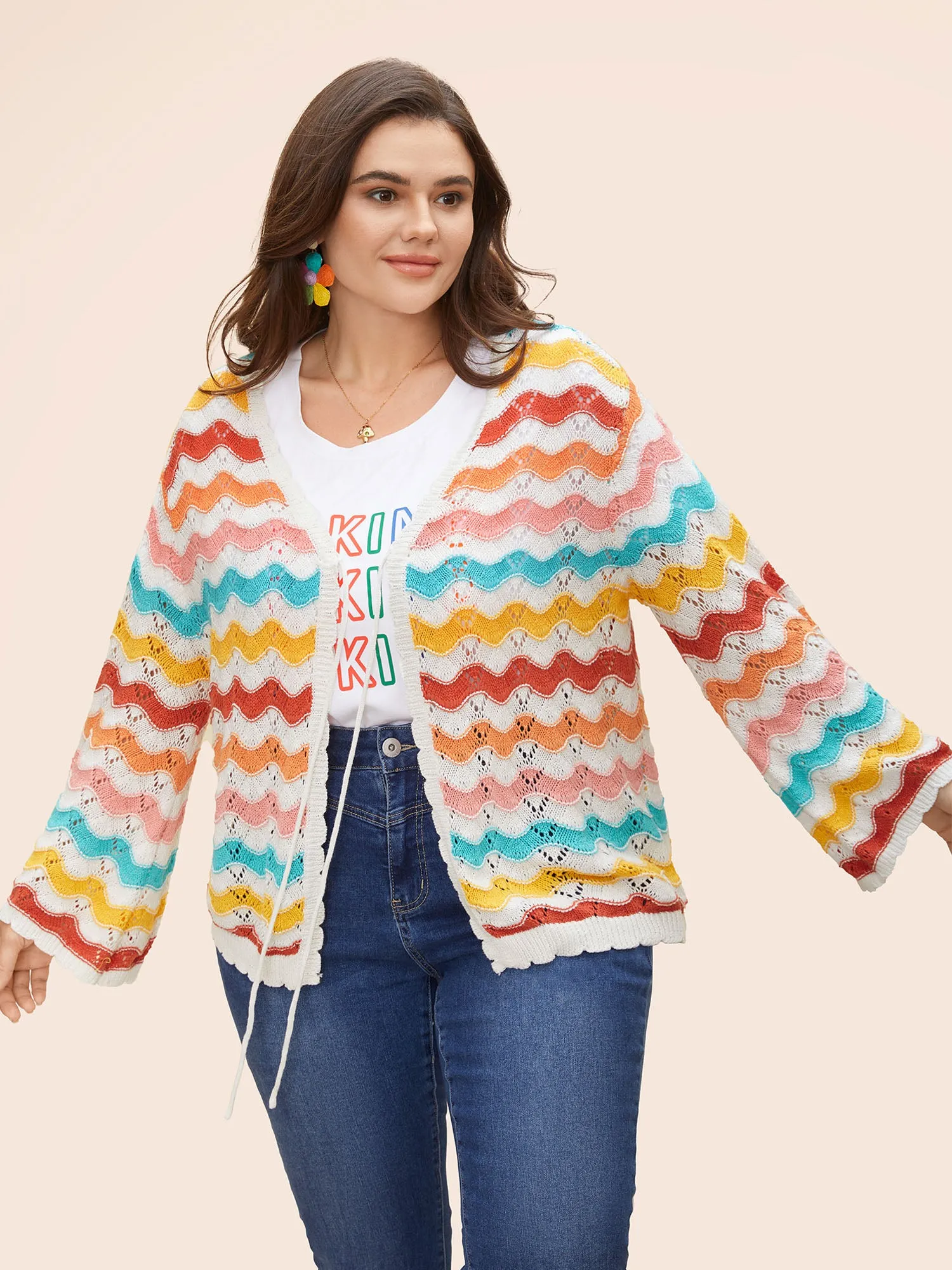 Cotton Rainbow Perforated Front Tie Cardigan sold by Bloomchic product image thumbnail 3