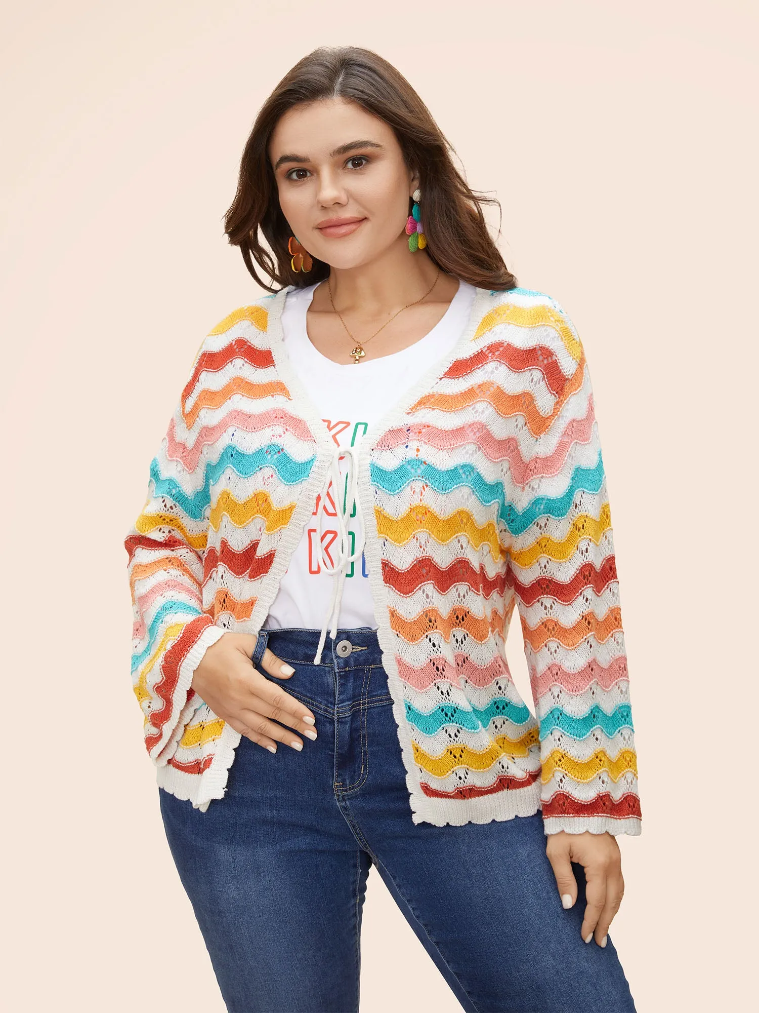 Cotton Rainbow Perforated Front Tie Cardigan sold by Bloomchic
