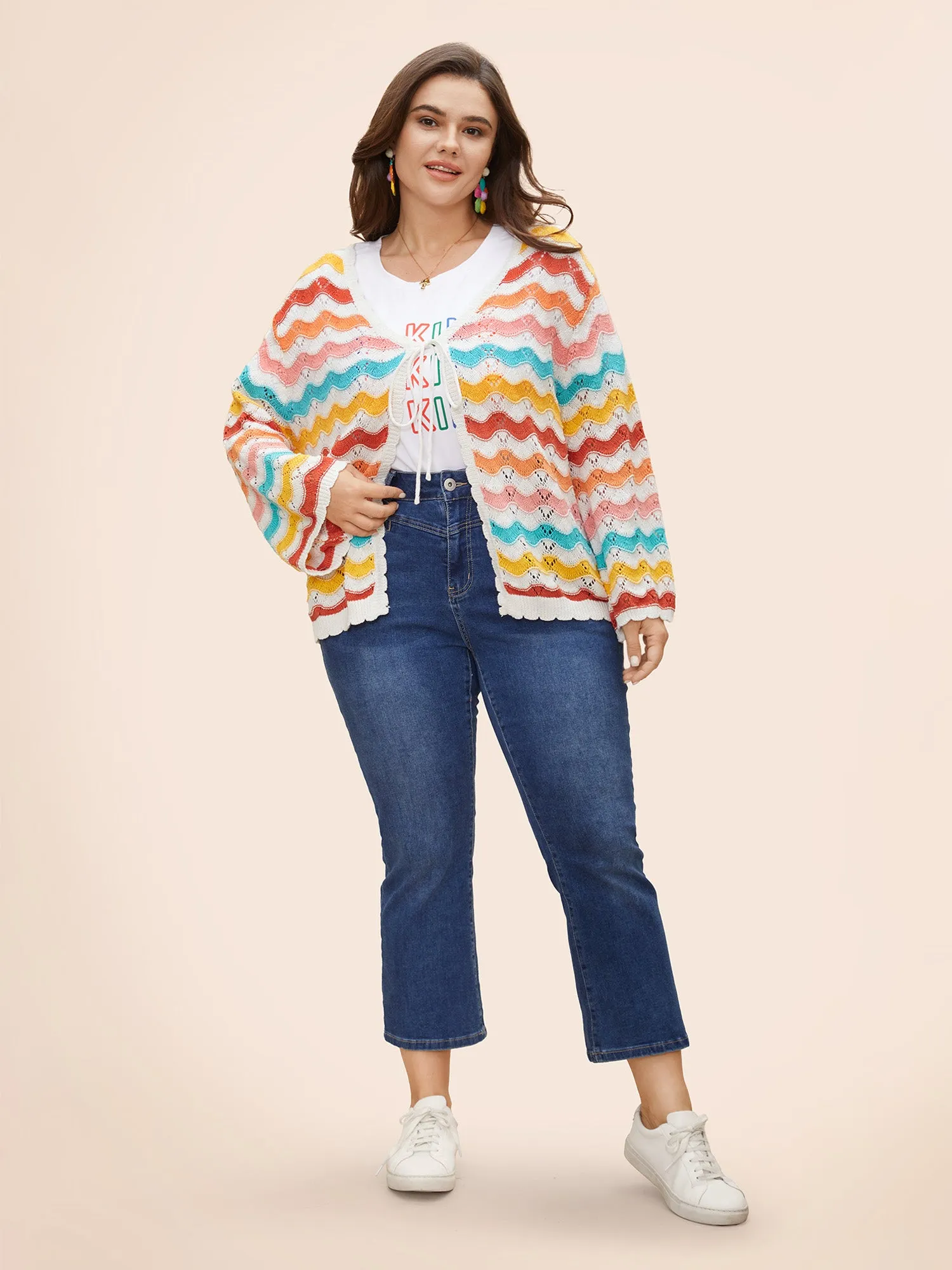 Cotton Rainbow Perforated Front Tie Cardigan sold by Bloomchic product image thumbnail 4