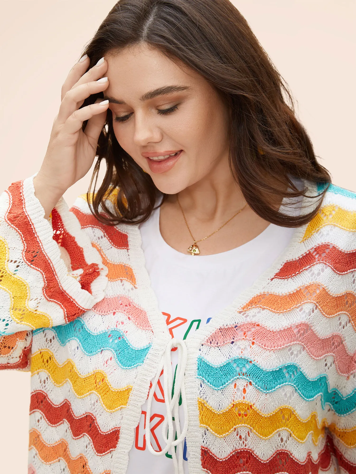 Cotton Rainbow Perforated Front Tie Cardigan sold by Bloomchic product image thumbnail 5