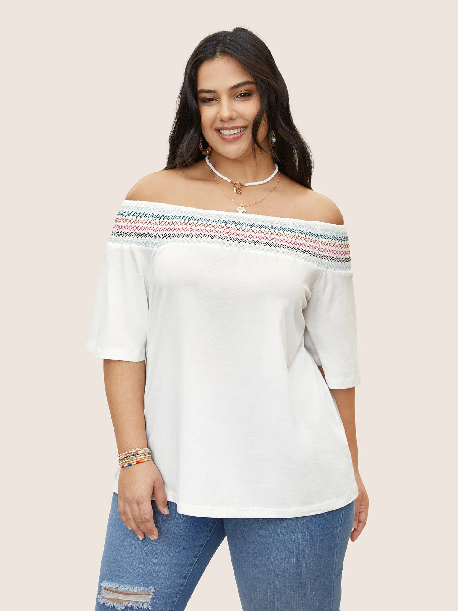 Colored Shirred Off Shoulder T-shirt sold by Bloomchic