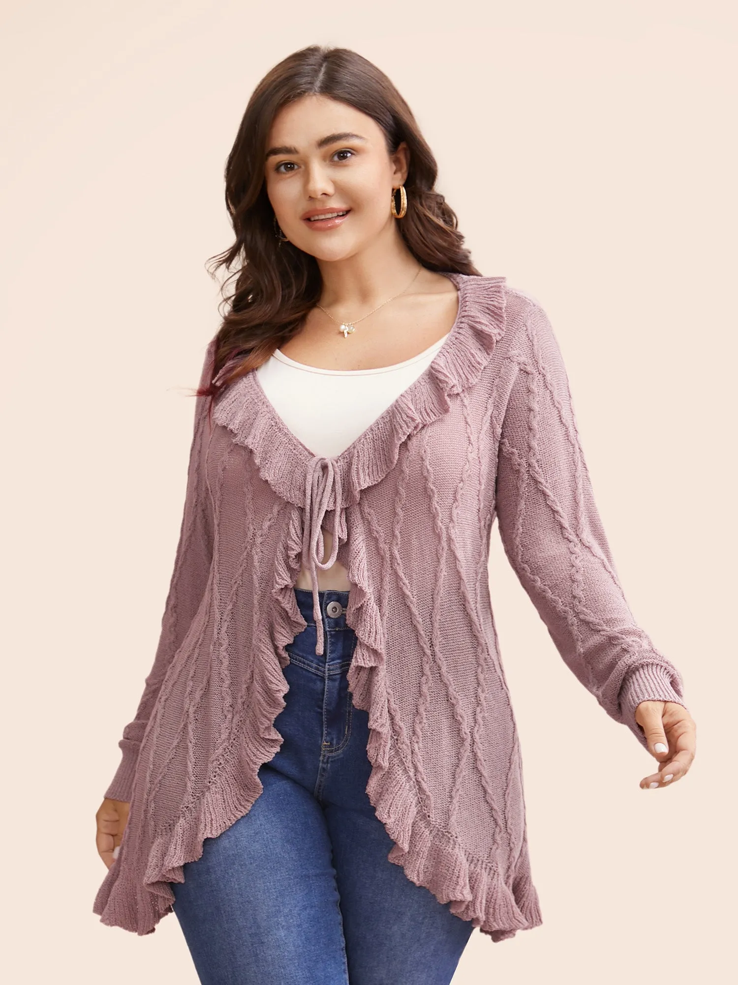 Ruffle Trim Ties Cable Knit Cardigan sold by Bloomchic product image thumbnail 4