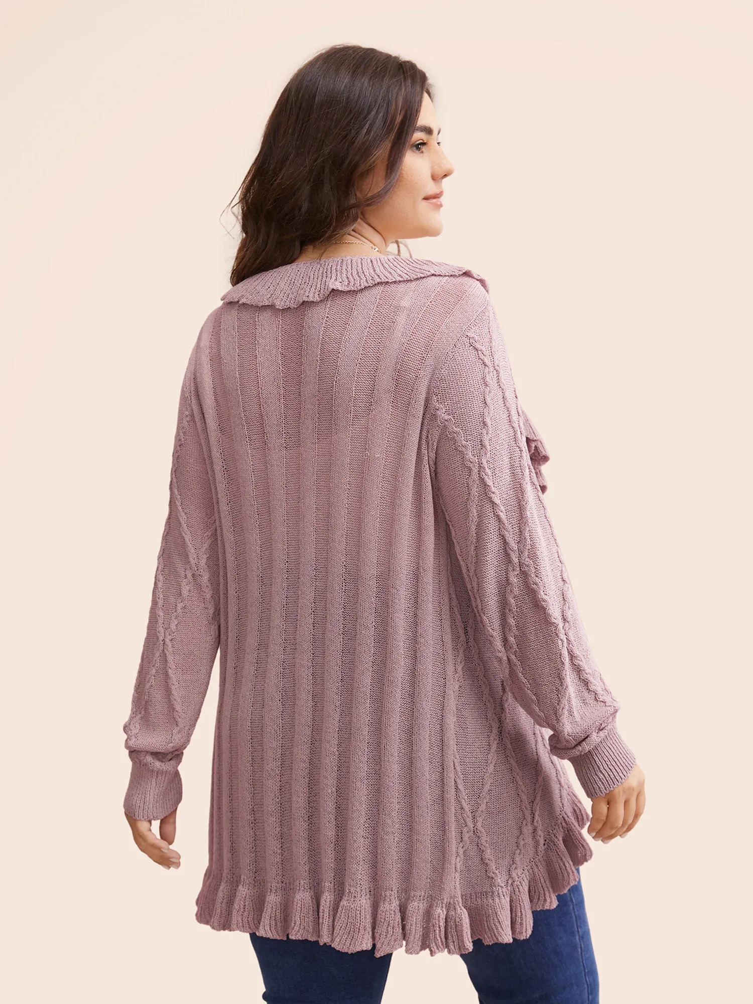 Ruffle Trim Ties Cable Knit Cardigan sold by Bloomchic product image thumbnail 2