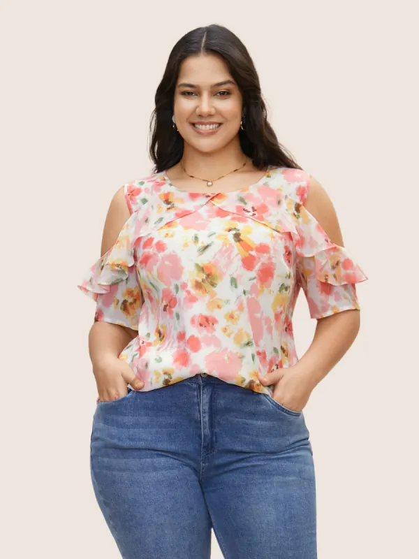 Watercolor Floral Cold Shoulder Ruffles Blouse sold by Bloomchic