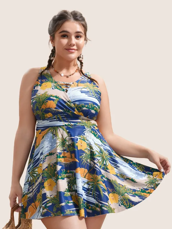 Tropical Print Crisscross Cut Out Swim Dress sold by Bloomchic