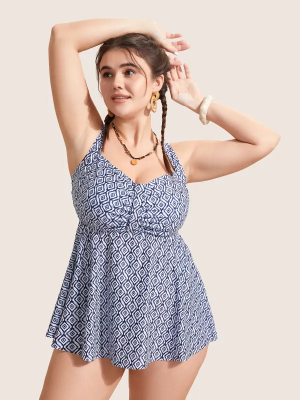 Heart Neckline Geometric Ruched Swim Top sold by Bloomchic