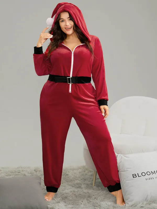 Christmas Velvet Belted Fluffy Ball Hooded Sleep Jumpsuit sold by Bloomchic