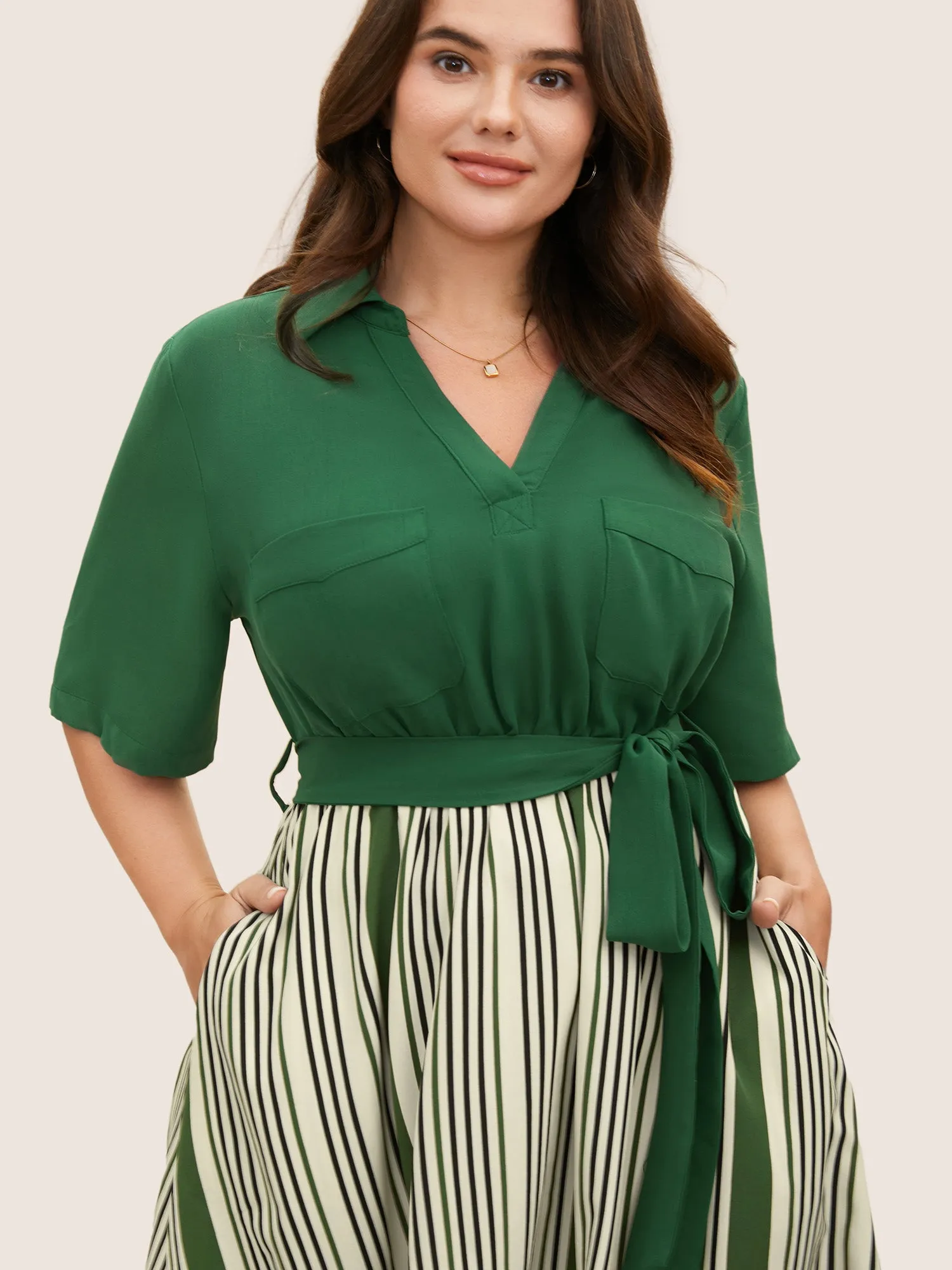 Striped Patchwork Belted Patched Pocket Dress sold by Bloomchic product image thumbnail 2