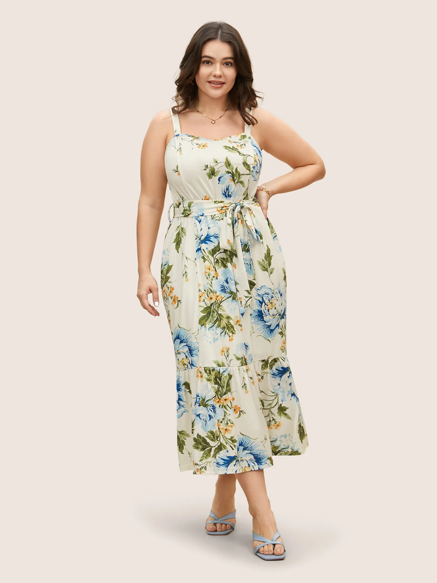 Floral Print Belted Patchwork Ruffles Cami Dress sold by Bloomchic