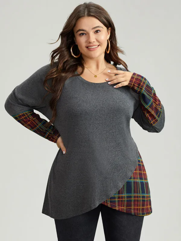 Plaid Patchwork Wrap Hem Raglan Sleeve T-shirt sold by Bloomchic