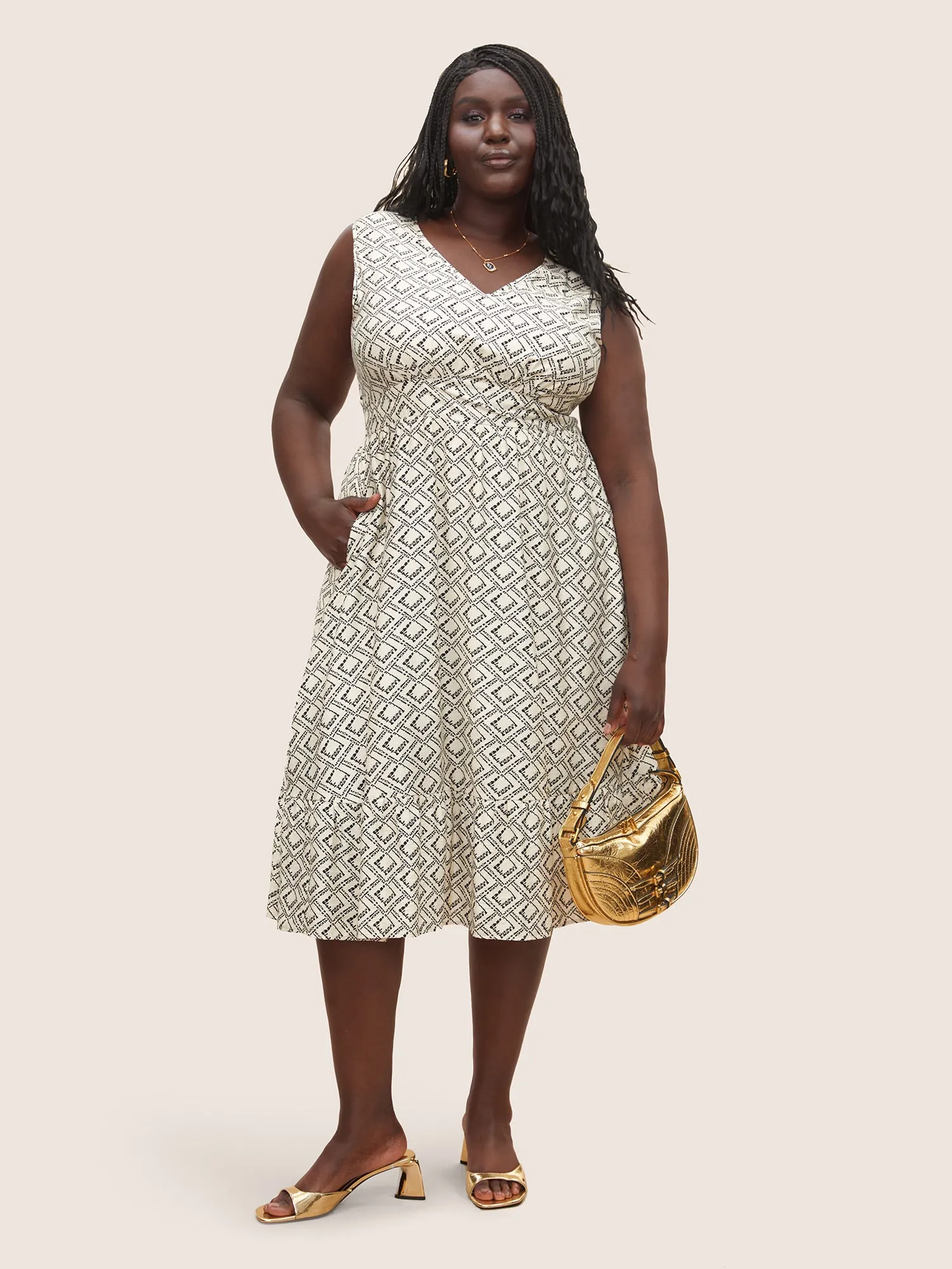 Geometric Pocket Patchwork Flutter Hem Tank Dress sold by Bloomchic product image thumbnail 3