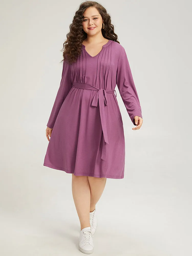 Solid Notched Pocket Pleated Belted Dress sold by Bloomchic product image thumbnail 4