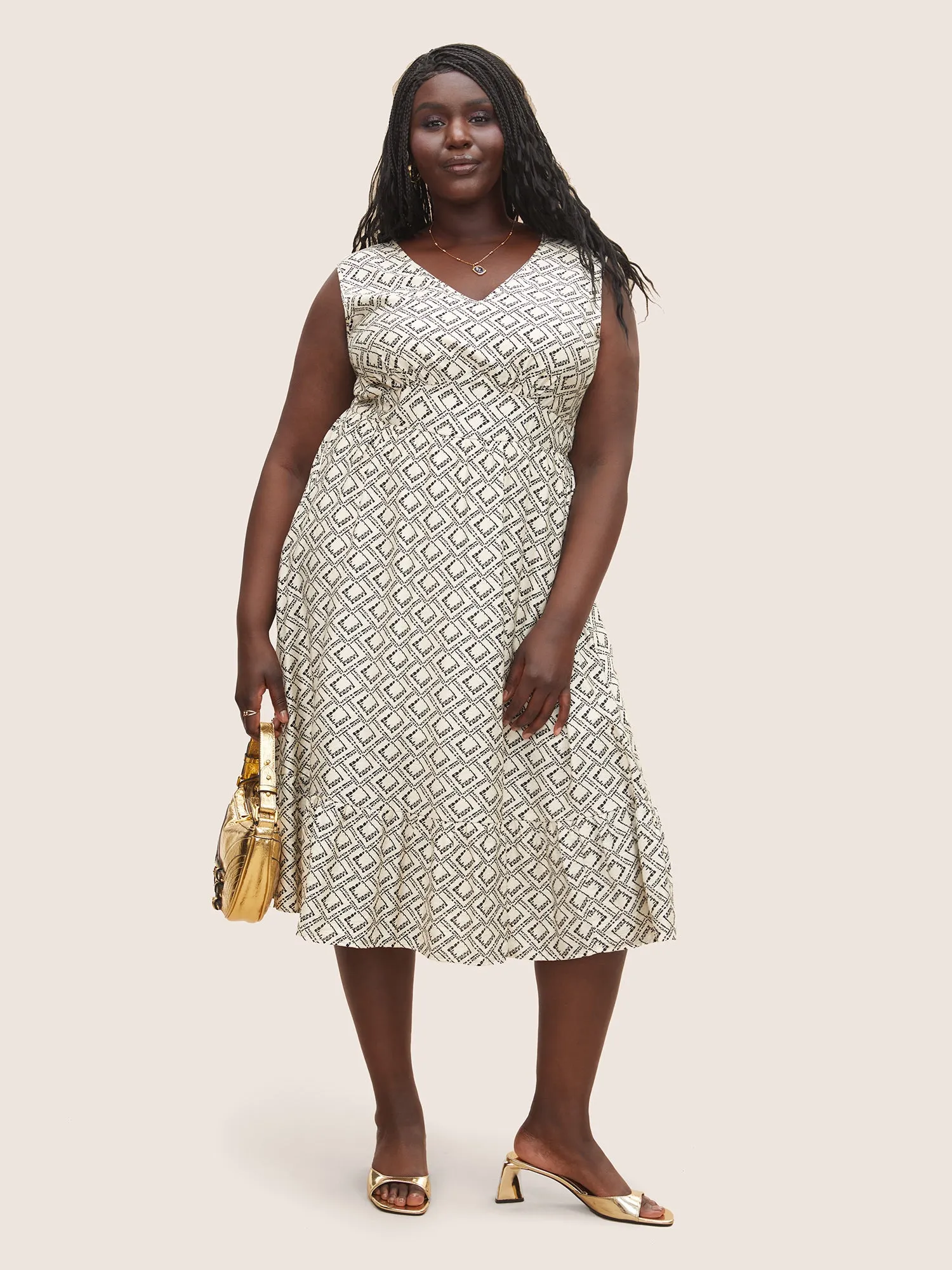 Geometric Pocket Patchwork Flutter Hem Tank Dress sold by Bloomchic