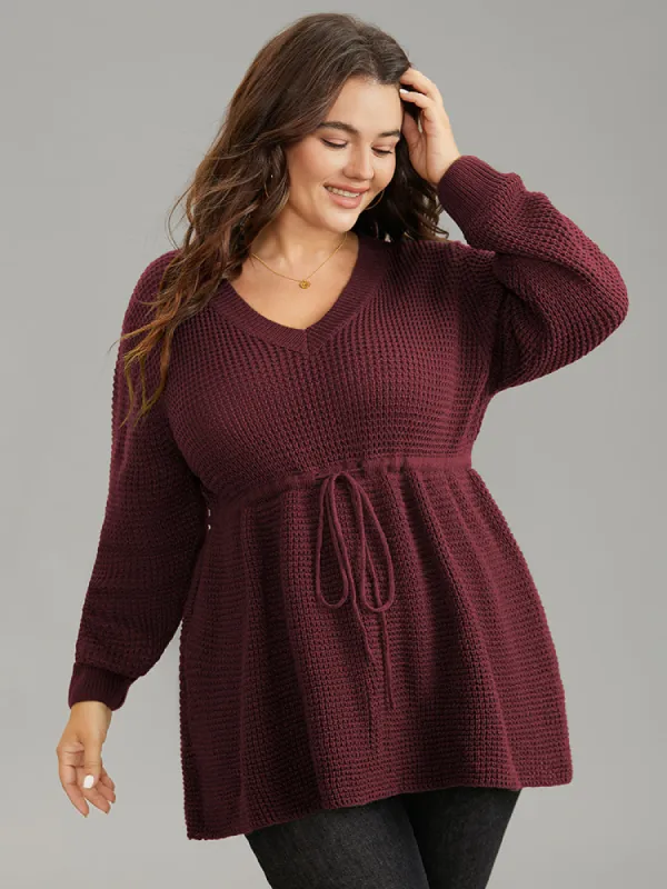 Solid Drawstring Curved Hem Knit Pullover sold by Bloomchic