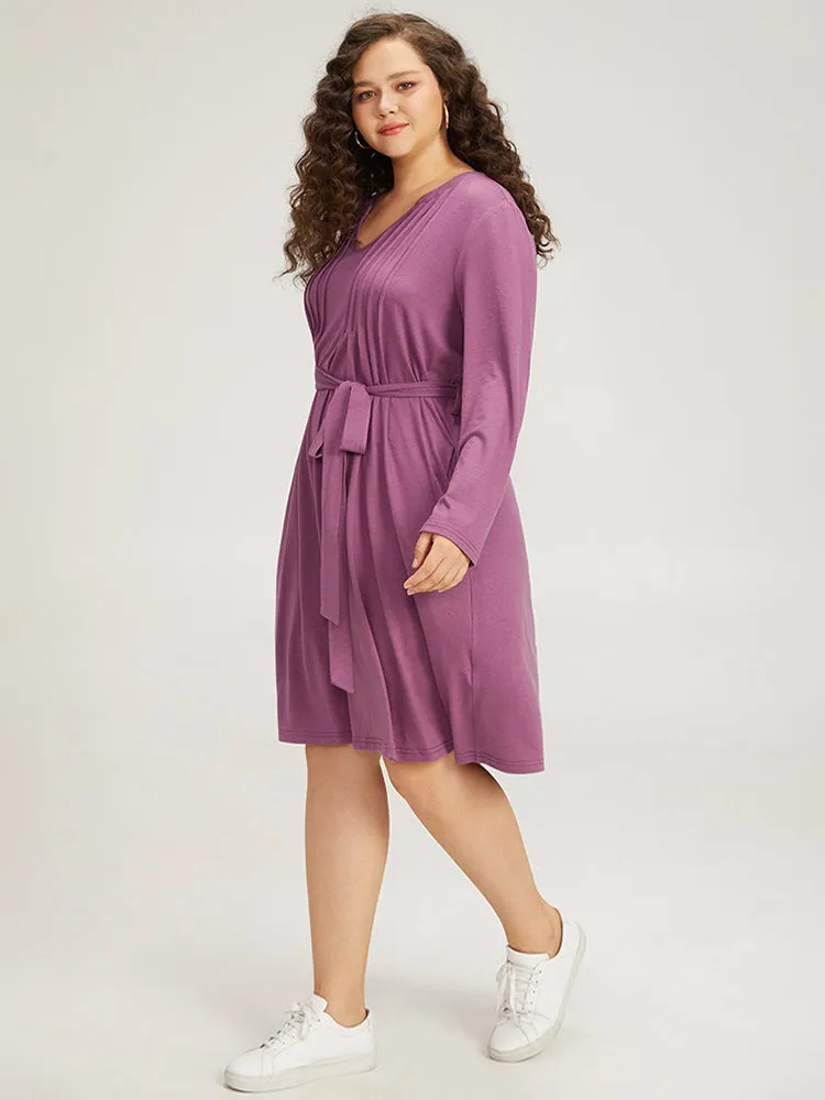 Solid Notched Pocket Pleated Belted Dress sold by Bloomchic product image thumbnail 3