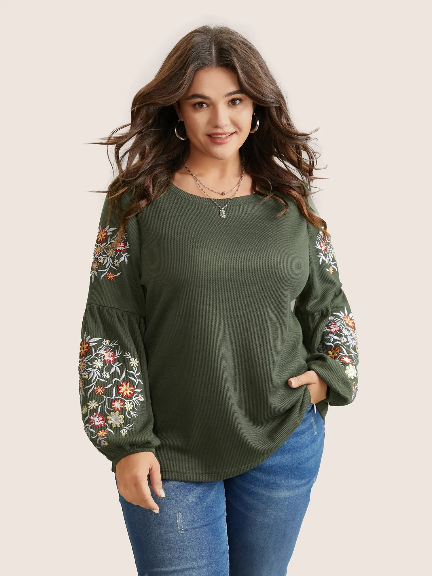 Waffle Knit Floral Embroidered Lantern Sleeve T-shirt sold by Bloomchic