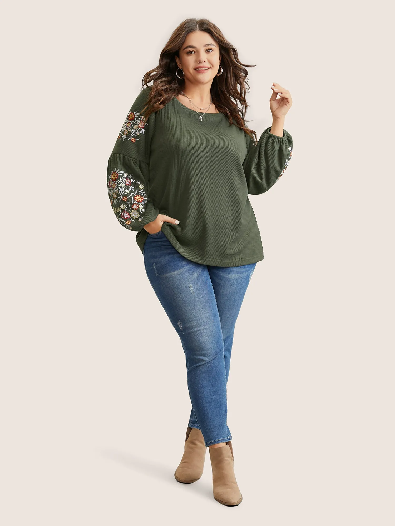 Waffle Knit Floral Embroidered Lantern Sleeve T-shirt sold by Bloomchic product image thumbnail 4