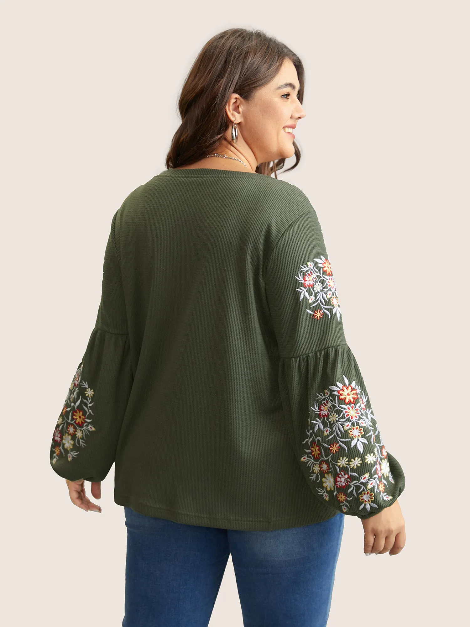 Waffle Knit Floral Embroidered Lantern Sleeve T-shirt sold by Bloomchic product image thumbnail 3