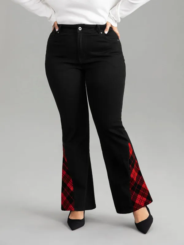 Flare Leg Plaid Patchwork Pocket Jeans sold by Bloomchic
