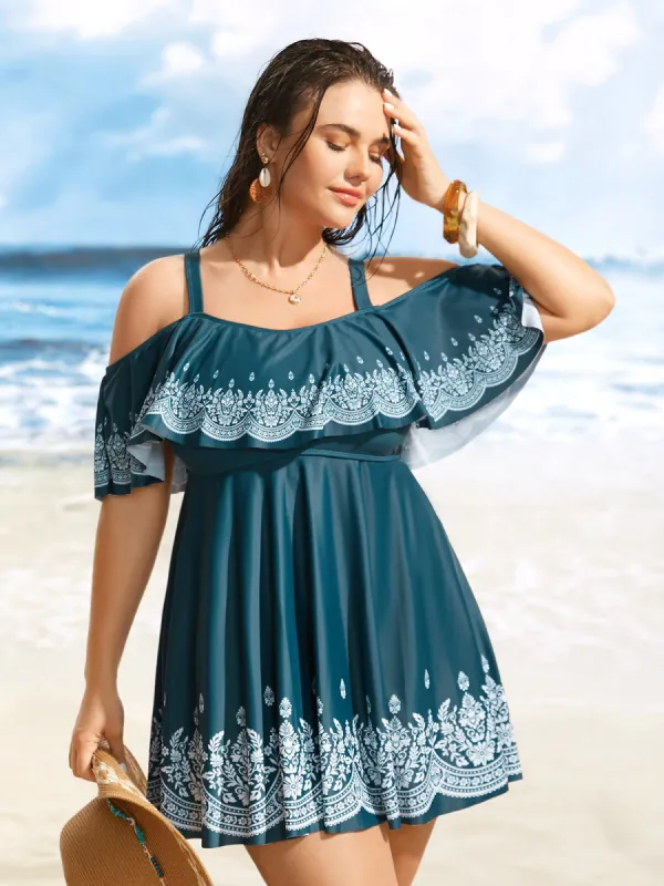 Boho Print Off Shoulder Ruffle Trim Swim Dress sold by Bloomchic