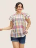Crew Neck Colored Plaid Split Hem Blouse sold by Bloomchic