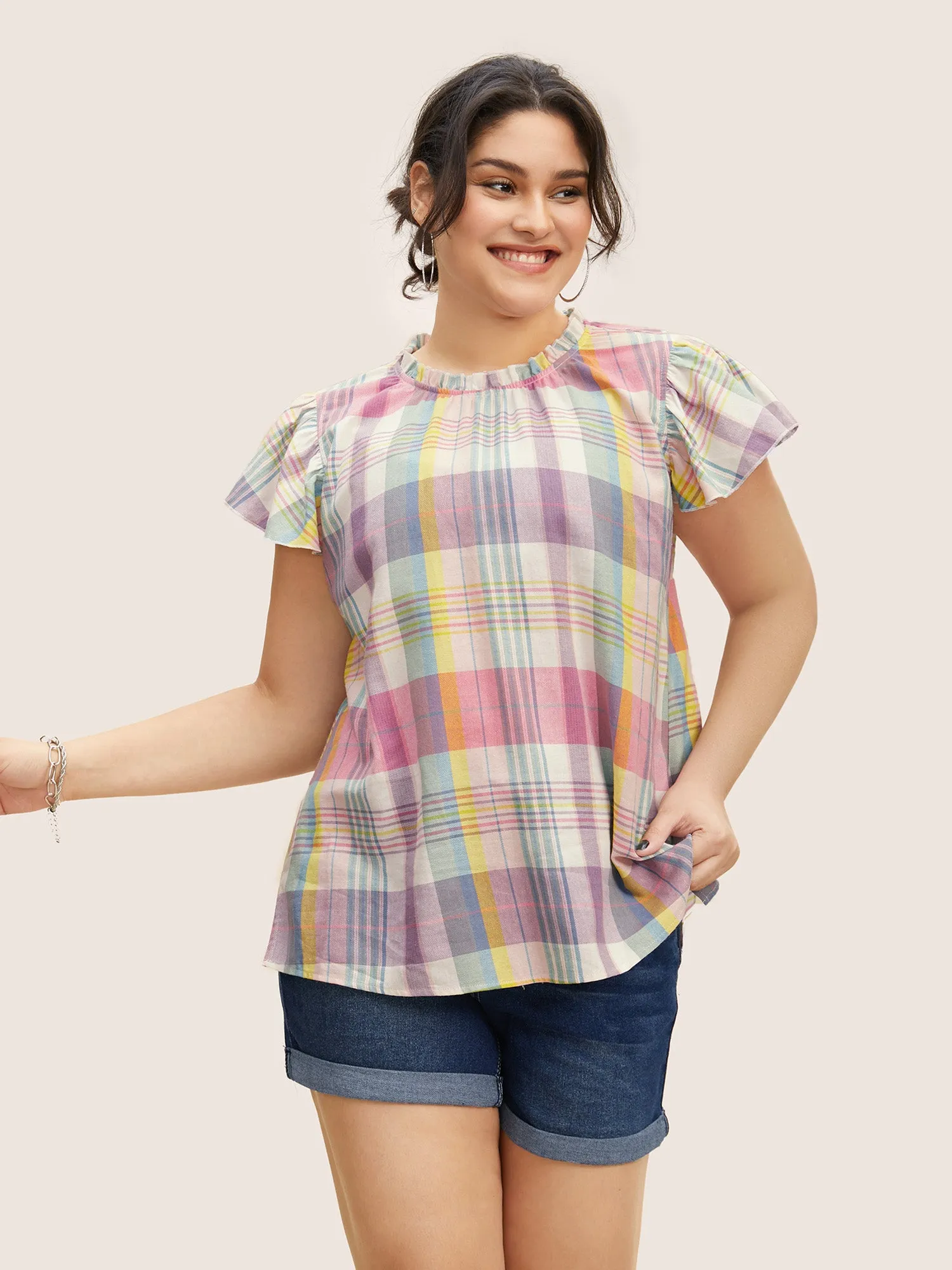 Crew Neck Colored Plaid Split Hem Blouse sold by Bloomchic product image thumbnail 3