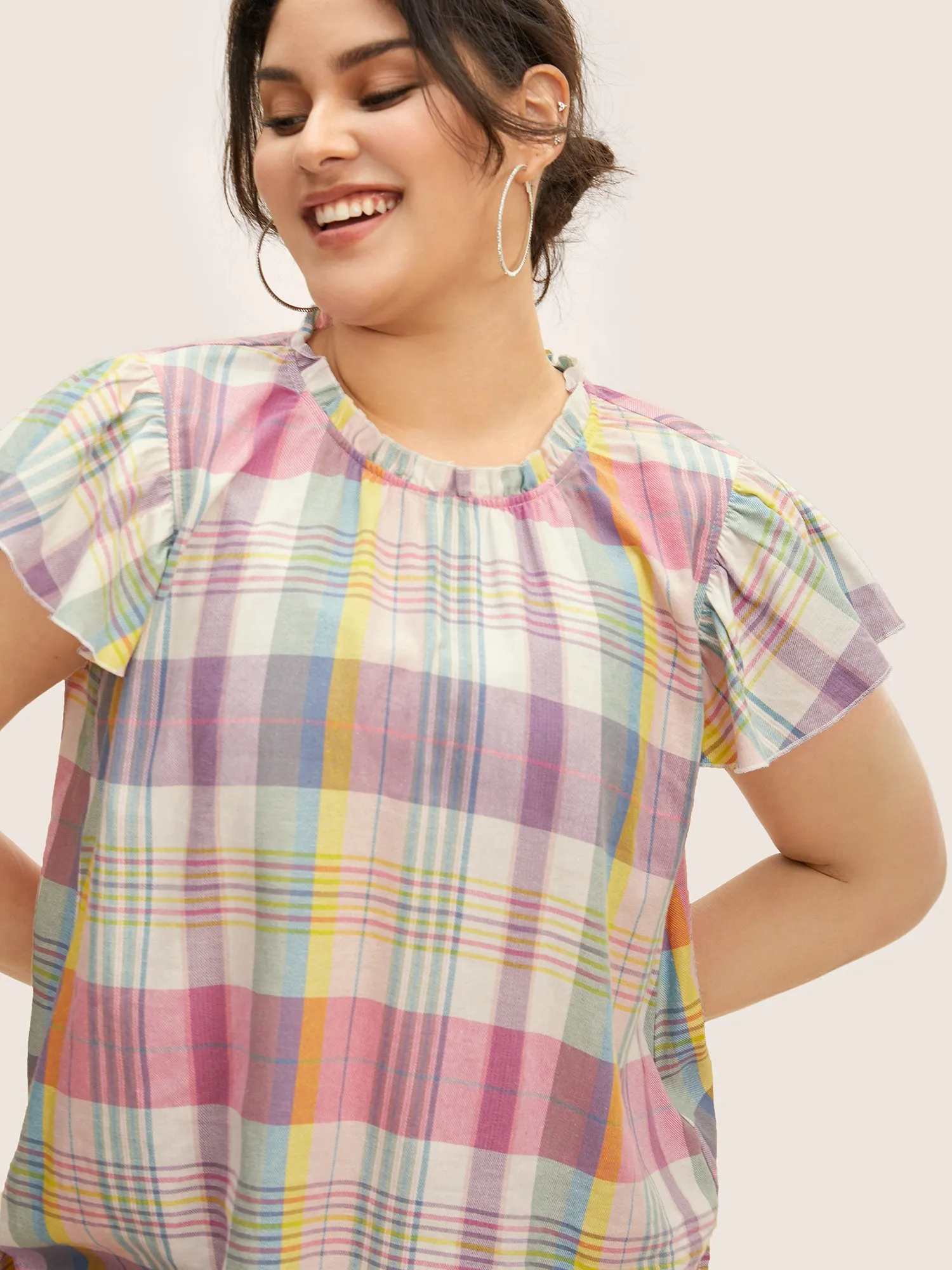 Crew Neck Colored Plaid Split Hem Blouse sold by Bloomchic product image thumbnail 5