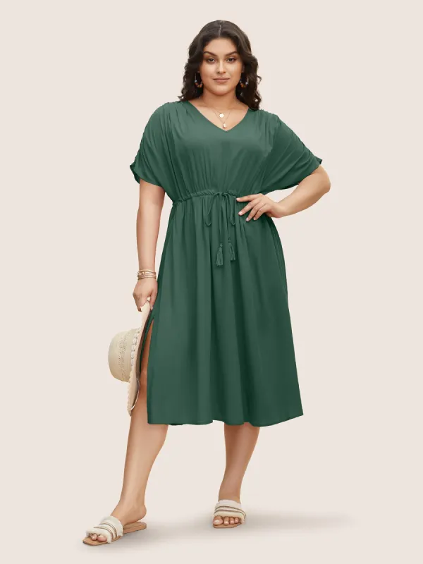 Solid Drawstring Gathered Dolman Sleeve Dress sold by Bloomchic