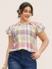 Crew Neck Colored Plaid Split Hem Blouse sold by Bloomchic