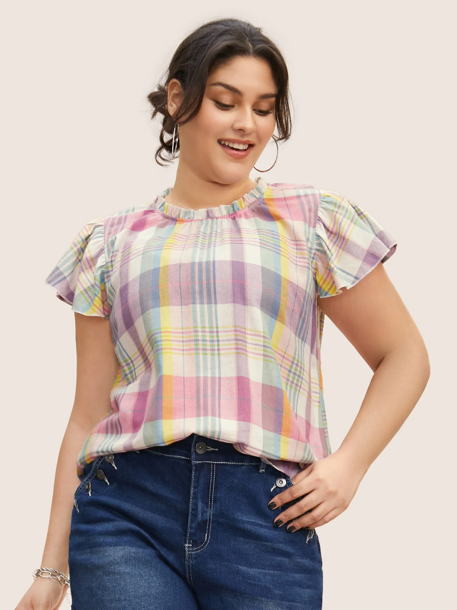 Crew Neck Colored Plaid Split Hem Blouse sold by Bloomchic