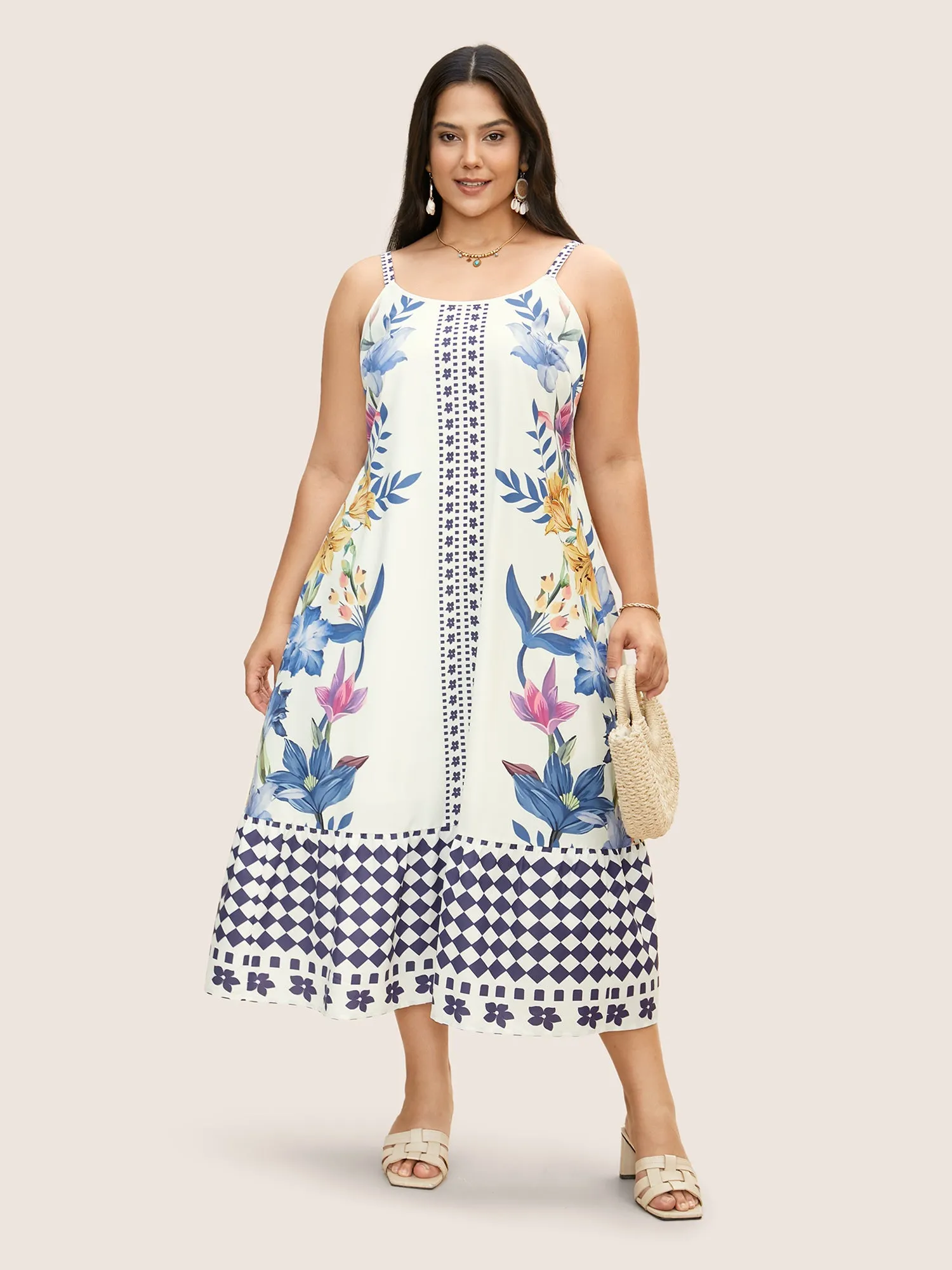 Boho Print Patchwork Ruffle Hem Cami Dress sold by Bloomchic