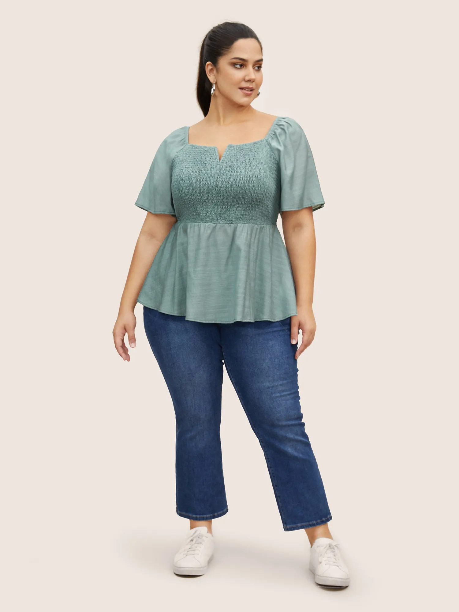 Notched Collar Shirred Ruffle Sleeve Blouse sold by Bloomchic product image thumbnail 2