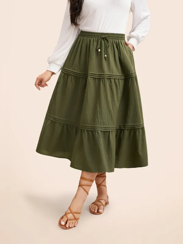 Solid Drawstring Pleated Ruffle Layered Hem Skirt made by Bloomchic