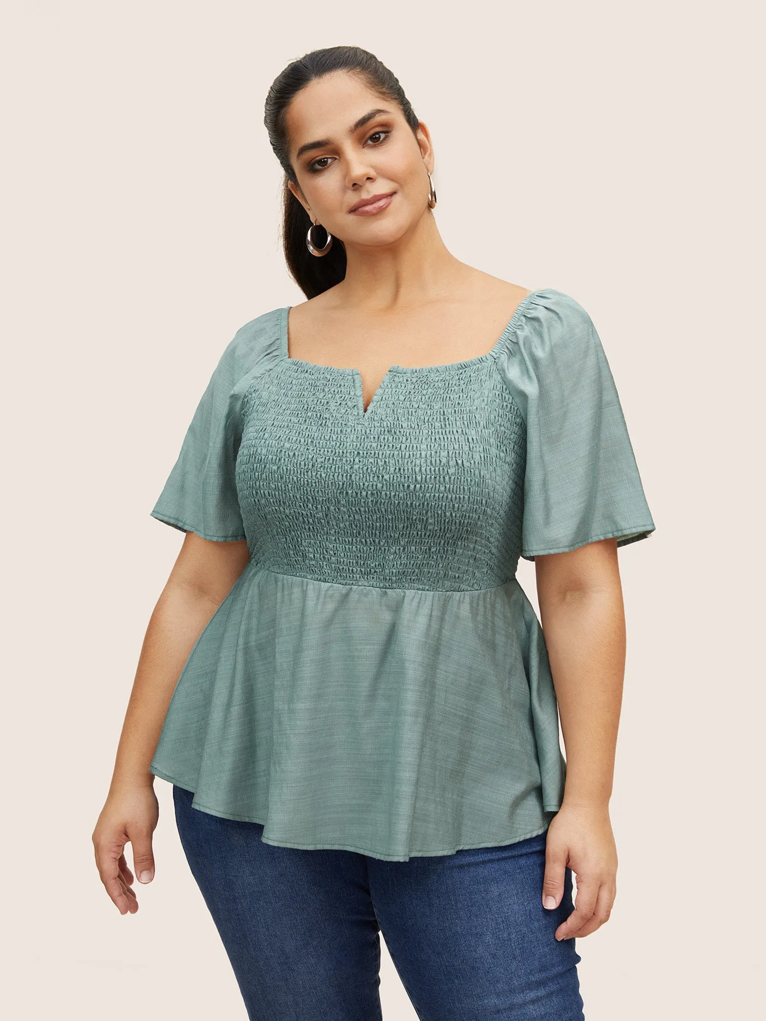 Notched Collar Shirred Ruffle Sleeve Blouse sold by Bloomchic