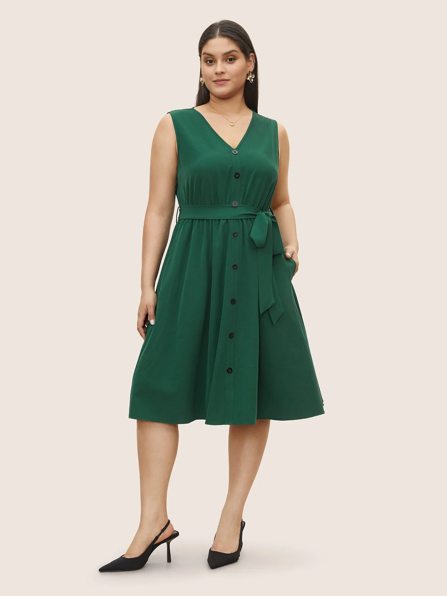 Plain Textured Button Detail Belted Tank Dress sold by Bloomchic product image thumbnail 2