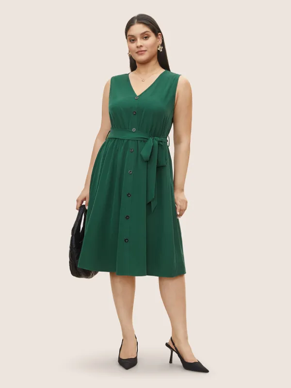 Plain Textured Button Detail Belted Tank Dress sold by Bloomchic