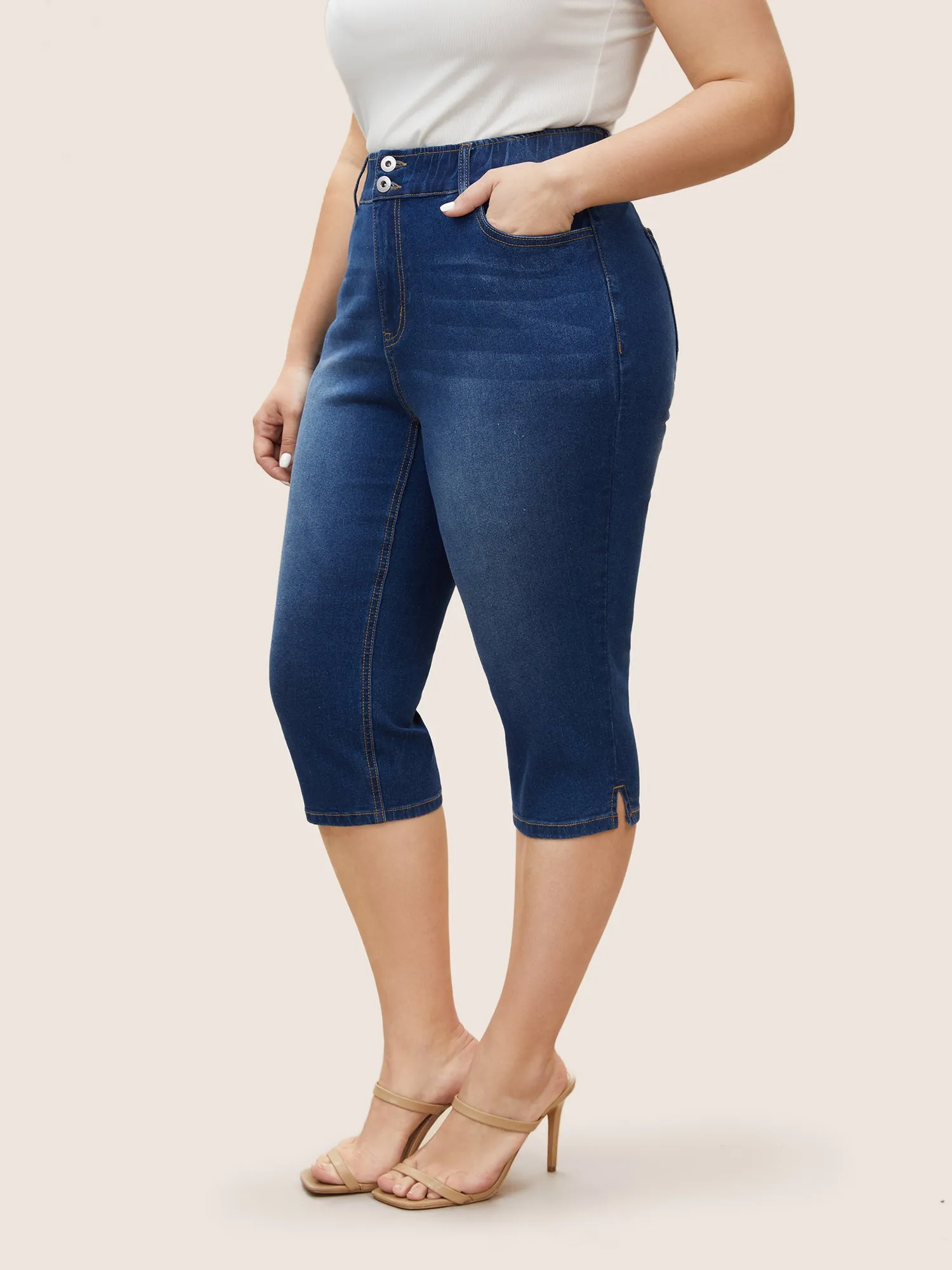 Dark Wash Elastic Waist Split Side Jeans sold by Bloomchic