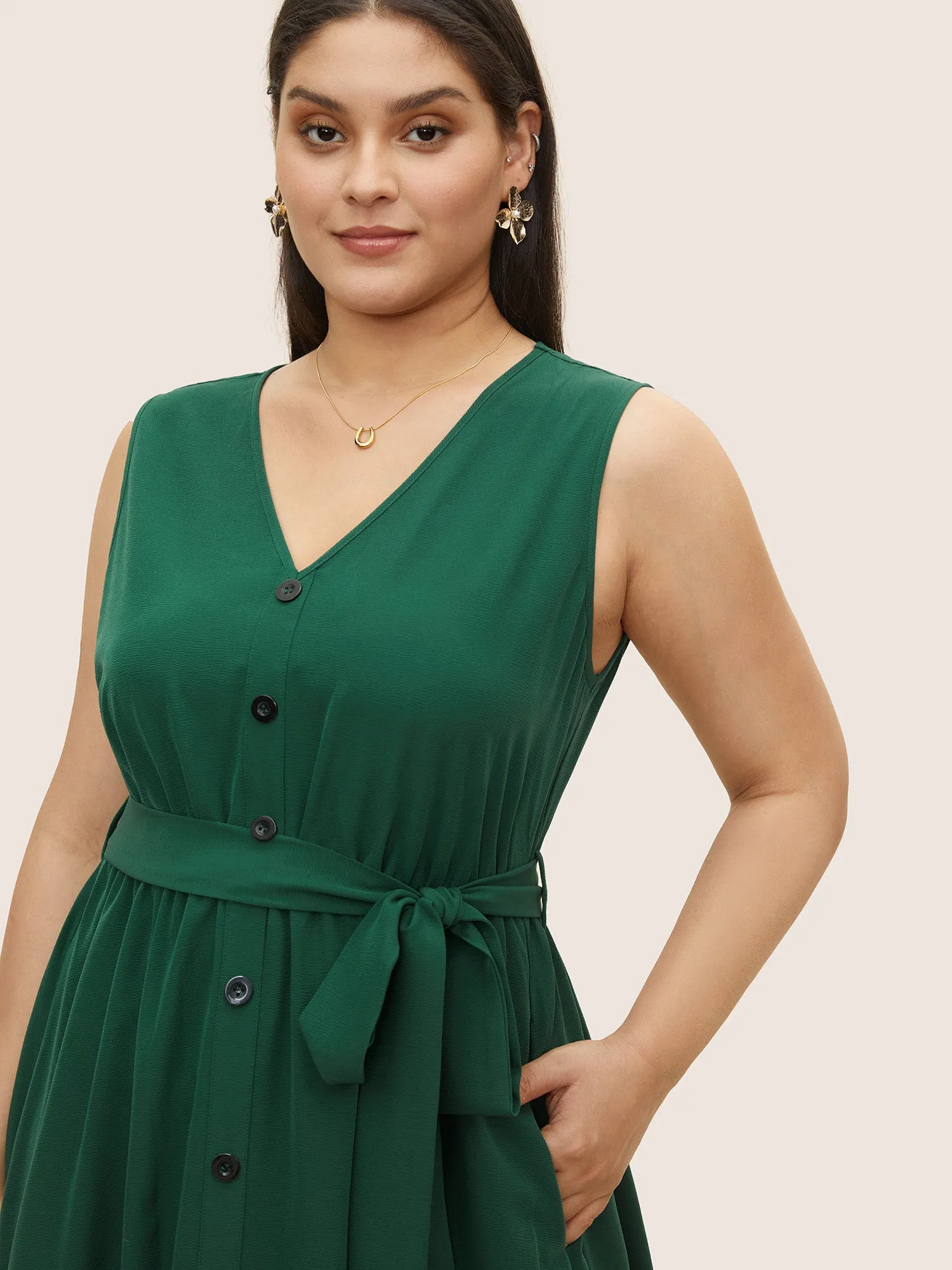 Plain Textured Button Detail Belted Tank Dress sold by Bloomchic product image thumbnail 4