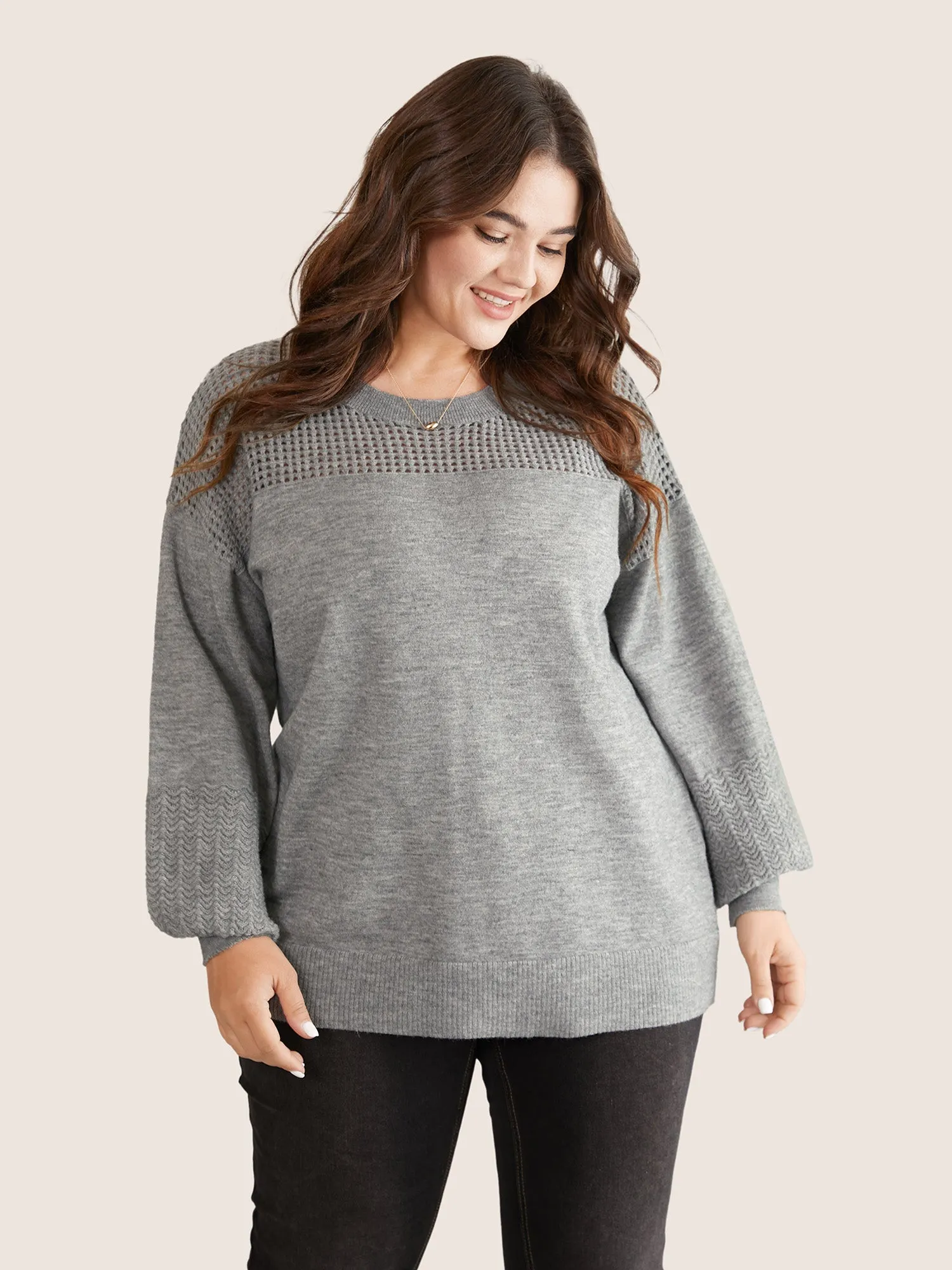 Supersoft Essentials Plain Hollow Out Puff Sleeve Pullover sold by Bloomchic