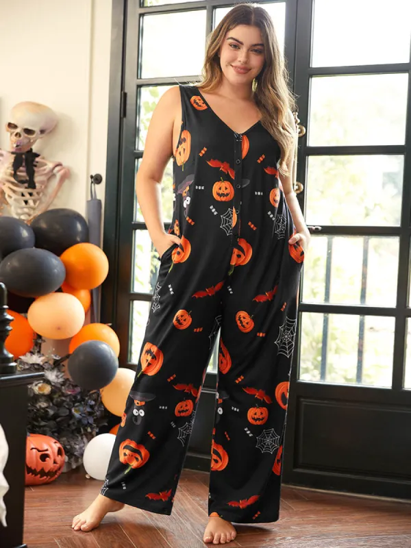 Halloween Print Button Detail Sleeveless Sleep Jumpsuit sold by Bloomchic