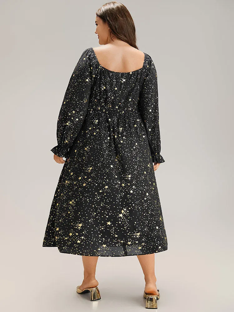 Glitter Star Knot Neck Pocket Lantern Sleeve Dress sold by Bloomchic product image thumbnail 5