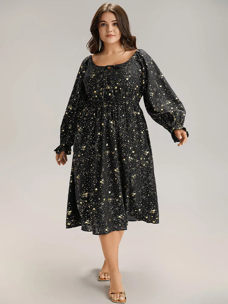 Glitter Star Knot Neck Pocket Lantern Sleeve Dress sold by Bloomchic product image thumbnail 3