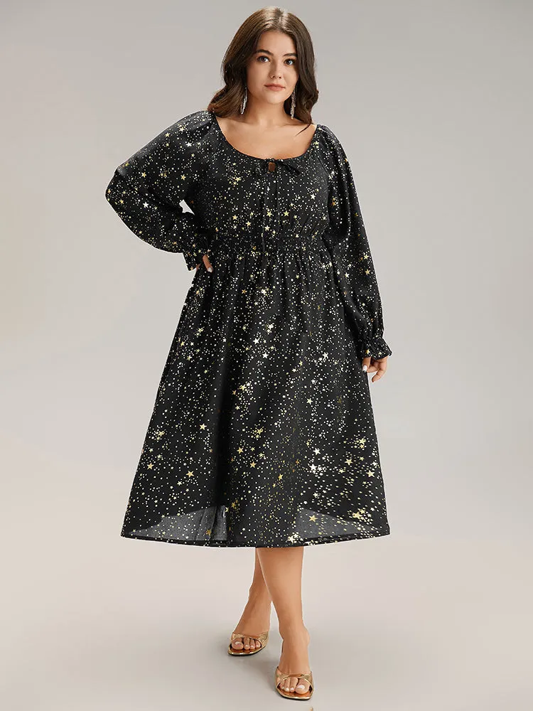 Glitter Star Knot Neck Pocket Lantern Sleeve Dress sold by Bloomchic product image thumbnail 4