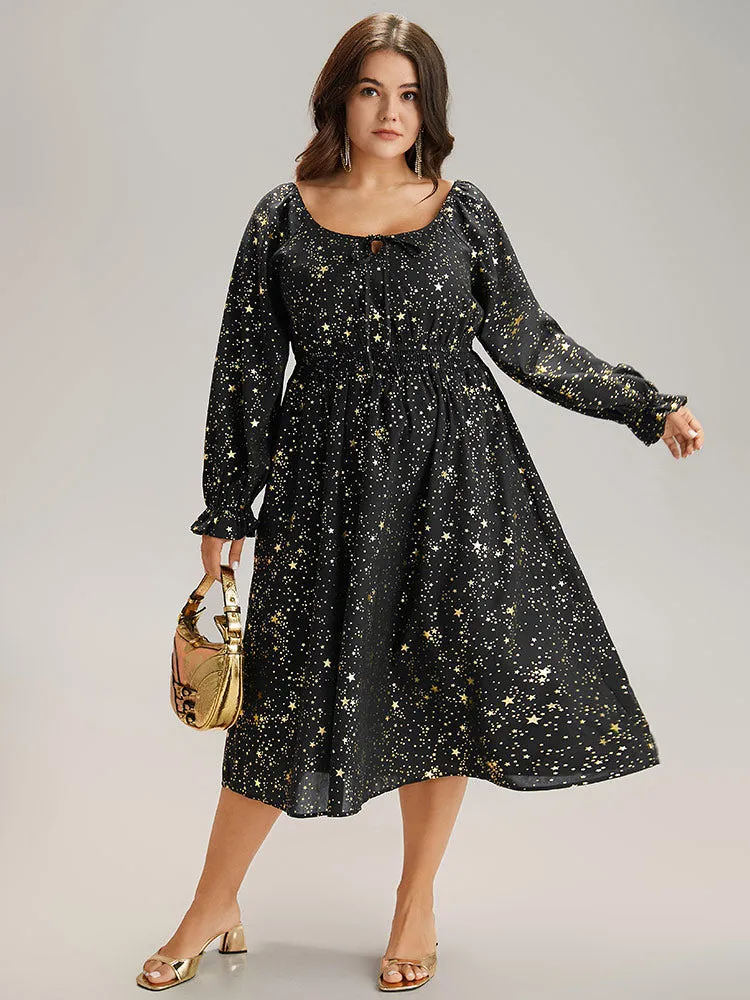 Glitter Star Knot Neck Pocket Lantern Sleeve Dress sold by Bloomchic