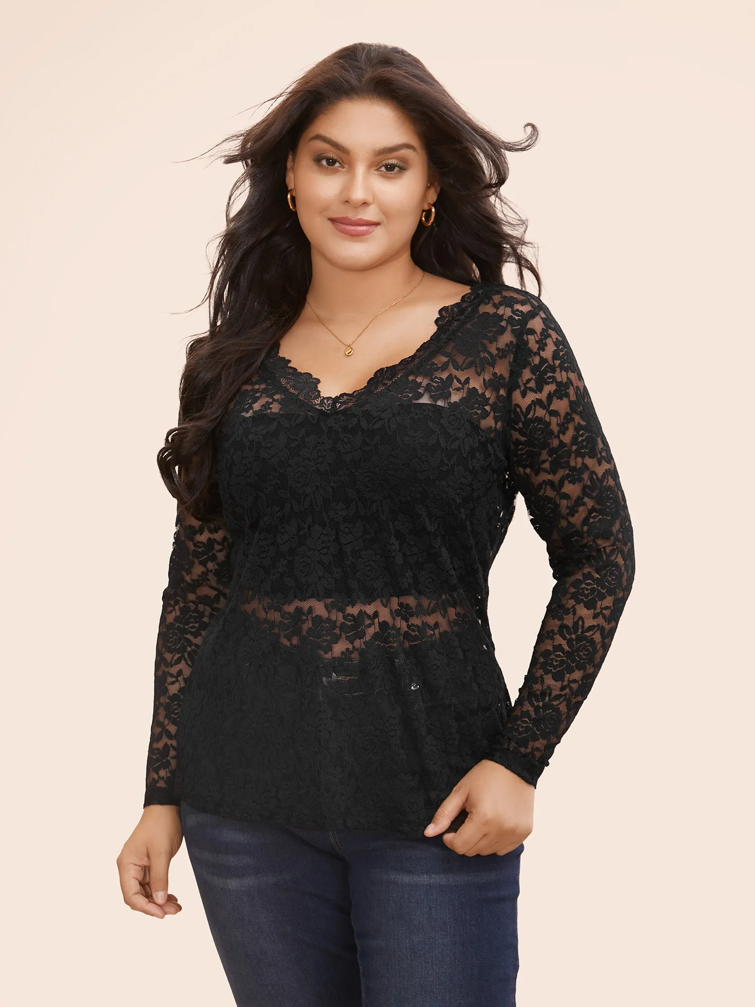 V Neck Lace Panel Mesh T-shirt sold by Bloomchic